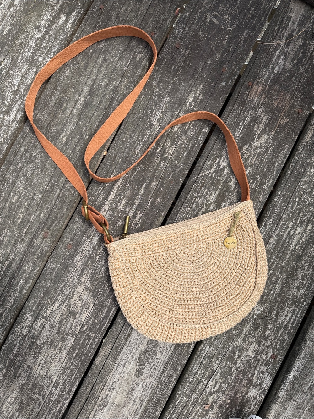 The Sak Cream Crochet Crossbody with Tan Strap